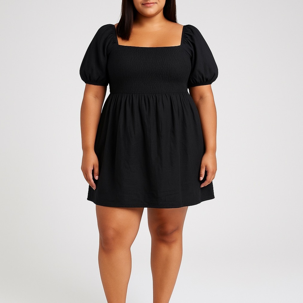 New! J. Crew Puff-sleeve smocked linen‎ mini dress black, size XL